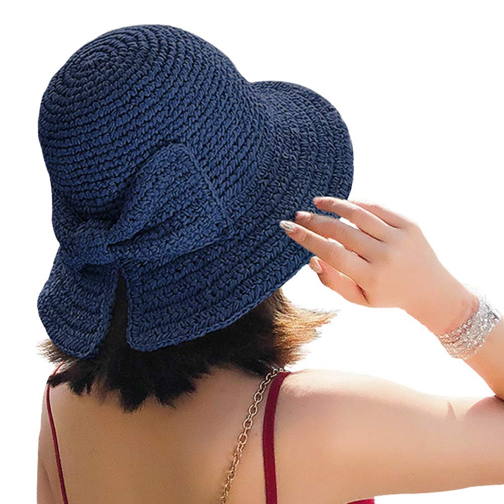 Foldable Wide Brim Floppy Straw Beach Sun Hat,Summer Cap with Bowknot for Women Girls,Strap Adjustable (1 Pack Navy Blue)