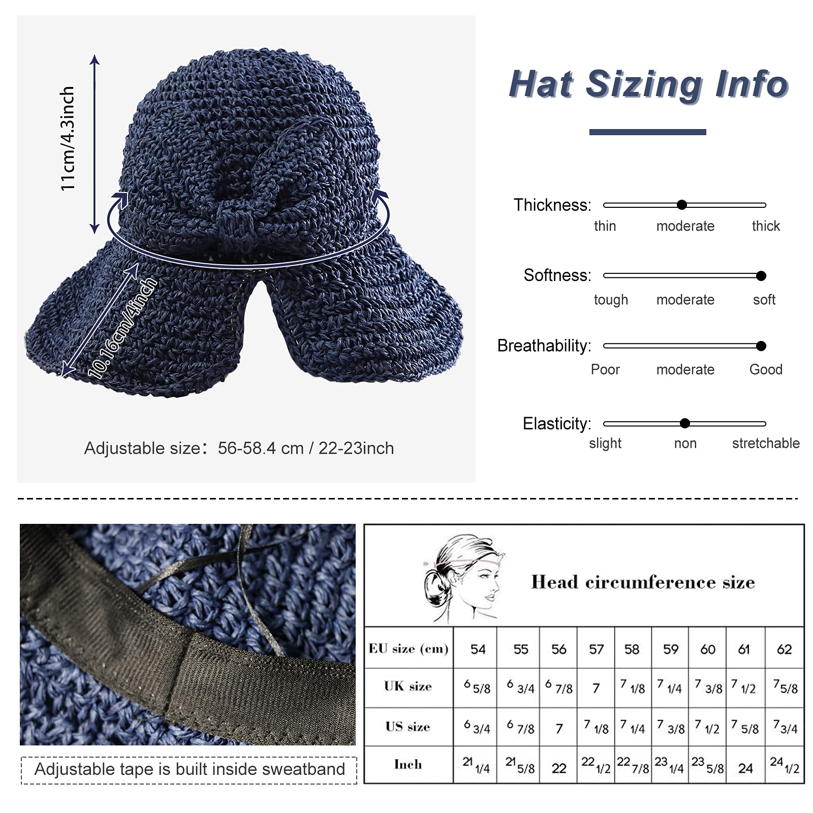 Foldable Wide Brim Floppy Straw Beach Sun Hat,Summer Cap with Bowknot for Women Girls,Strap Adjustable (1 Pack Navy Blue)