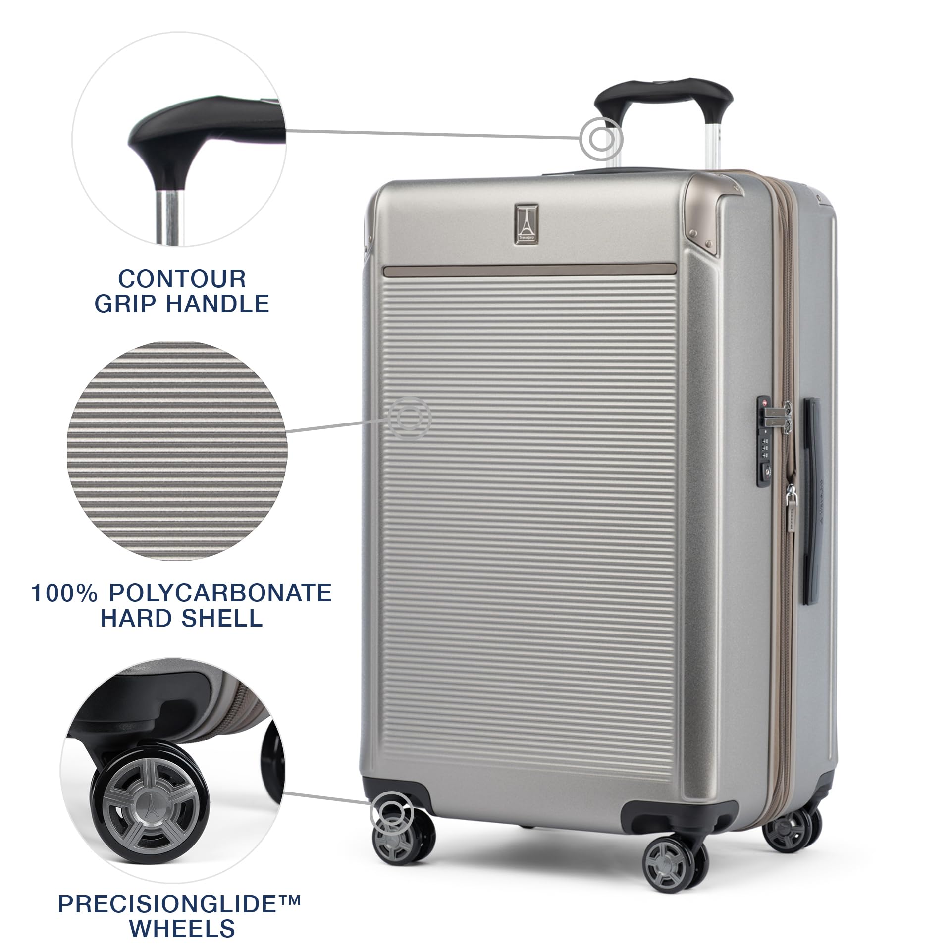 Travelpro Platinum Elite Hardside Expandable Checked Luggage, 8 Wheel Spinner, TSA Lock, Hard Shell Polycarbonate Suitcase, Metallic Sand, Checked Large 28-Inch