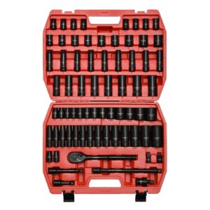 casoman 1/2-inch 70 pieces impact socket master set, sae & metric from 5/16"-1-1/4",8-24mm, shallow/deep socket with ratched hand, extension bar and adapters