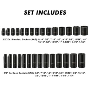 CASOMAN 1/2-inch 70 Pieces Impact Socket Master Set, SAE & Metric from 5/16"-1-1/4",8-24mm, Shallow/Deep Socket with Ratched Hand, Extension Bar and Adapters