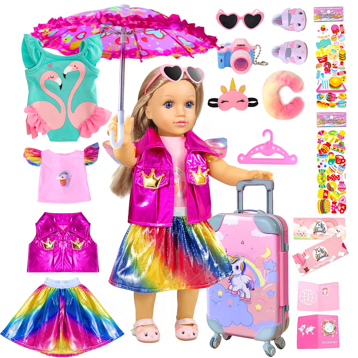 WONDOLL 18-inch-Doll-Clothes and Accessories - Doll-Travel-Suitcase Play Set Including Luggage, 2 Sets of Doll-Clothes and Shoes, Umbrella Sunglasses Camera Travel Pillow Blindfold Passport Tickets