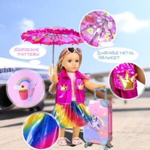 WONDOLL 18-inch-Doll-Clothes and Accessories - Doll-Travel-Suitcase Play Set Including Luggage, 2 Sets of Doll-Clothes and Shoes, Umbrella Sunglasses Camera Travel Pillow Blindfold Passport Tickets