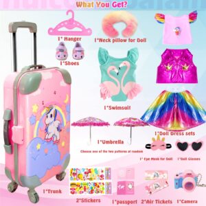 WONDOLL 18-inch-Doll-Clothes and Accessories - Doll-Travel-Suitcase Play Set Including Luggage, 2 Sets of Doll-Clothes and Shoes, Umbrella Sunglasses Camera Travel Pillow Blindfold Passport Tickets