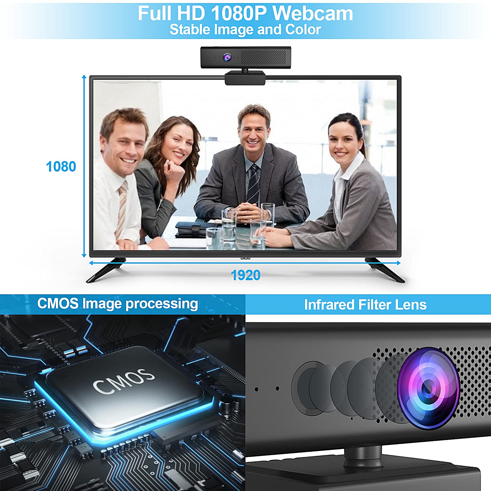 Full HD 1080P Computer Camera with 4 Built-in Omnidirectional Microphones and Speaker for Video Conference Streaming, USB External Webcam with Magnetic Privacy Cover for Desktop Monitor Laptop