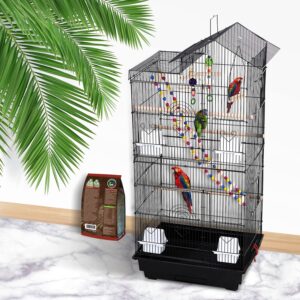 HCY 39 Inches Bird Cage Roof Top Large Flight Parrot Bird Cage with Toys for Medium Small Birds, Lovebirds, Finch, Cockatiel Parakeets, Parrot, Iron Bird Cage, Black, 17x14x39 Inch (Pack of 1)