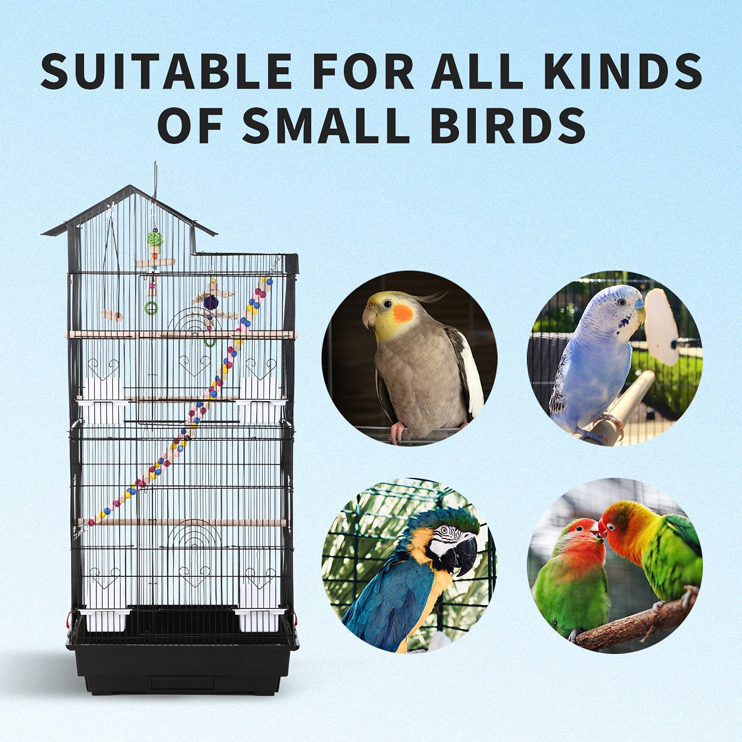 HCY 39 Inches Bird Cage Roof Top Large Flight Parrot Bird Cage with Toys for Medium Small Birds, Lovebirds, Finch, Cockatiel Parakeets, Parrot, Iron Bird Cage, Black, 17x14x39 Inch (Pack of 1)