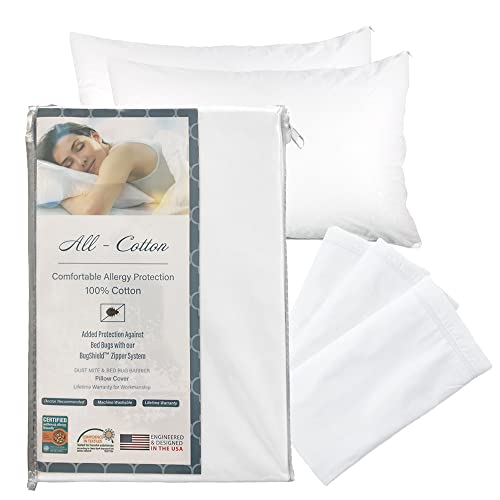 National Allergy Premium 100% Cotton Zippered Pillow Protector - Standard Size - White - 2 Pack - 300 Thread Count - Hypoallergenic Bed Pillowcase with Zipper - Breathable Encasement Cover