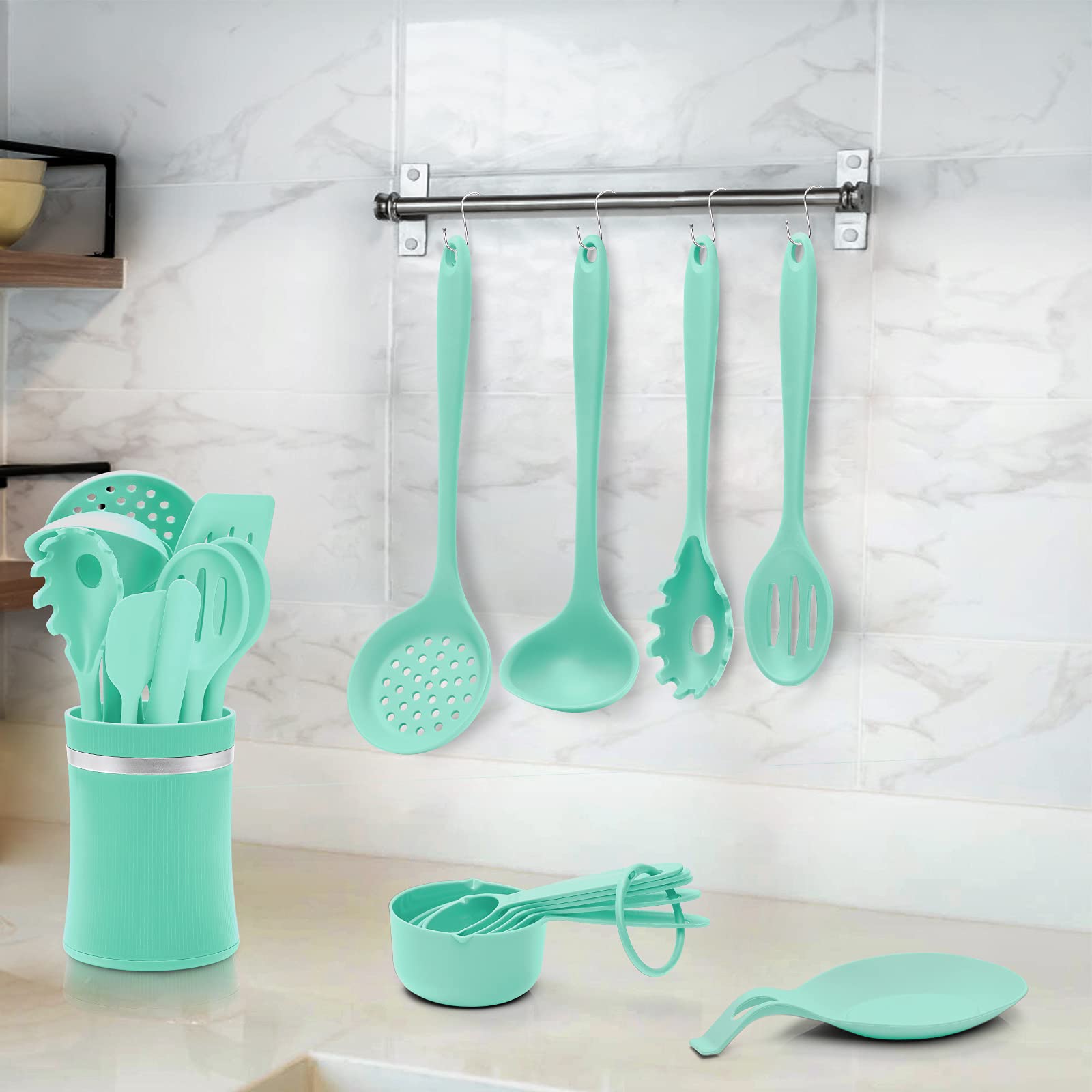 Silicone Cooking Utensils Set, 28PCS Kitchen Utensils Set with Holder, AIKWI Heat-Resistant & Non-stick Silicone Spatula, Tongs,Spoon for Cooking, BPA Free Kitchen Tools Gift (Green)