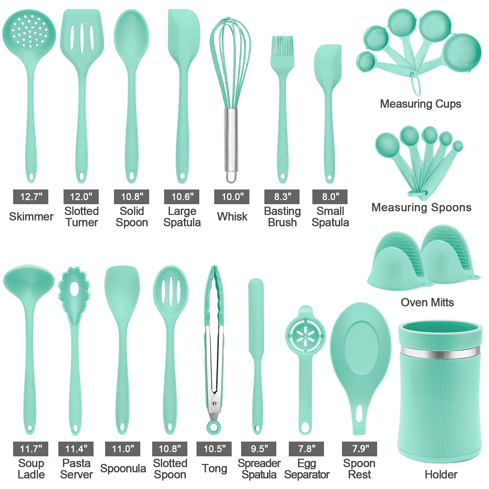 Silicone Cooking Utensils Set, 28PCS Kitchen Utensils Set with Holder, AIKWI Heat-Resistant & Non-stick Silicone Spatula, Tongs,Spoon for Cooking, BPA Free Kitchen Tools Gift (Green)