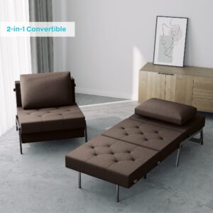 Serweet Chair Bed Sofabed for Adults Single, Convertible Folding Sofa for Living Room Bedroom Chair with Breathable Linen Fabric & Sturdy Metal Frame, Dark Brown