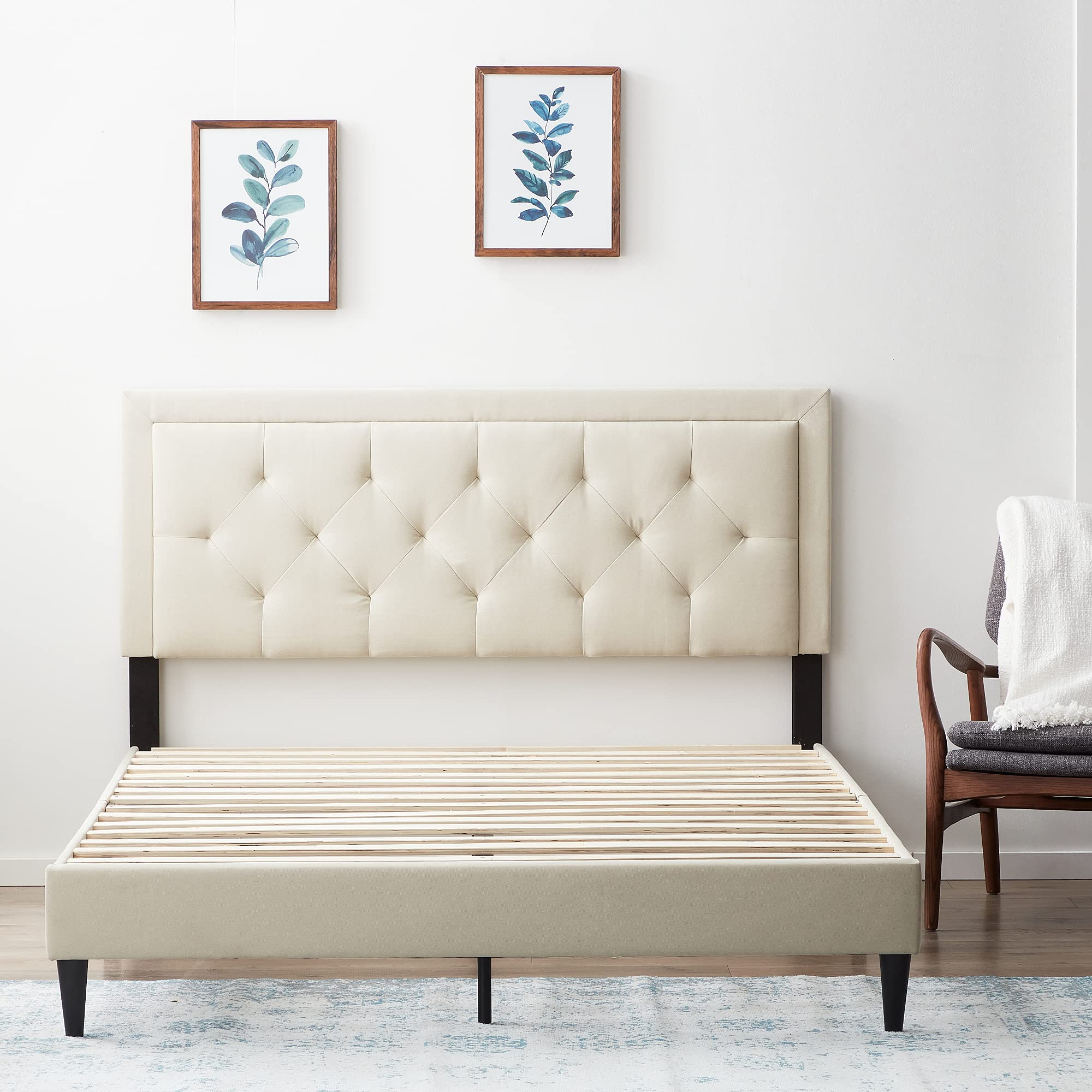 LUCID Upholstered Platform Bed Frame with Headboard– No Box Spring Needed – Queen Size – Pearl