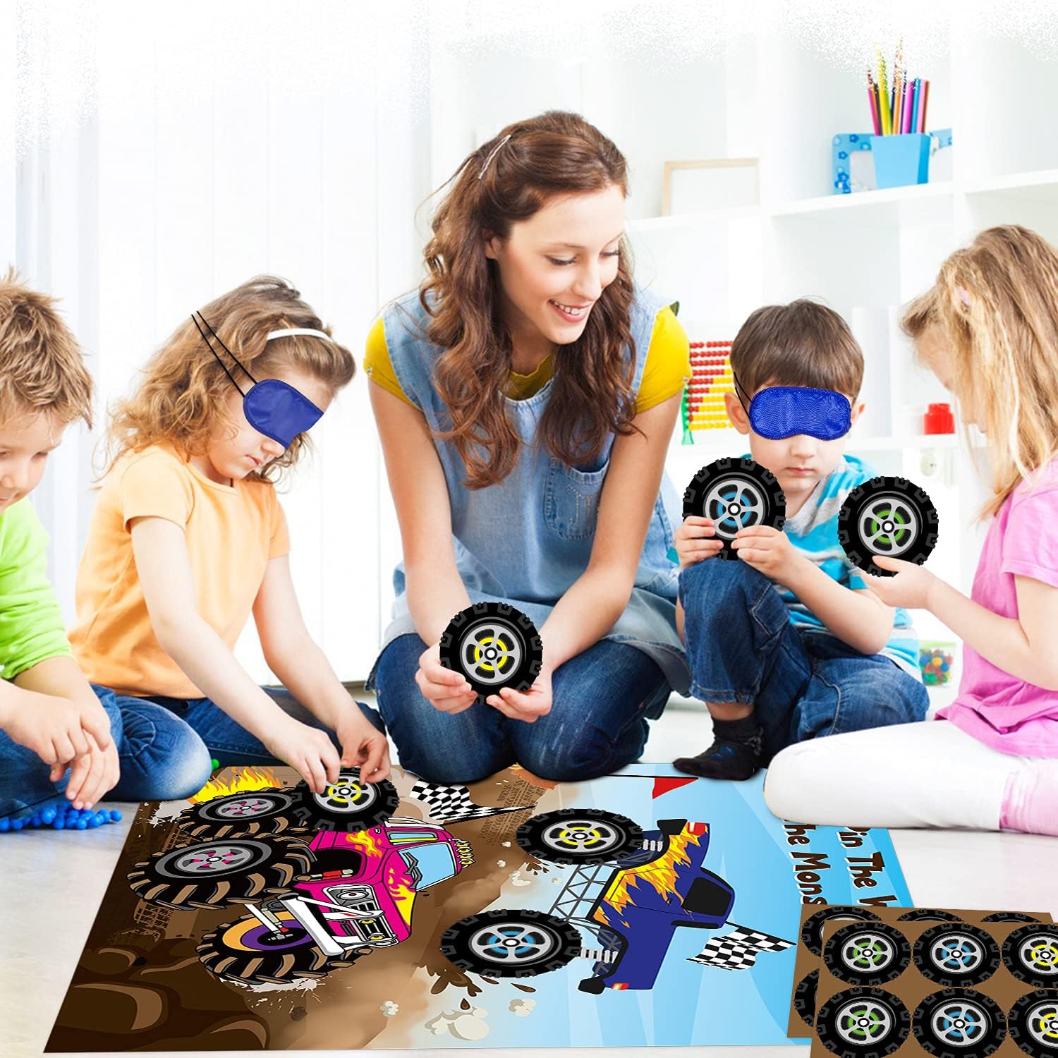 ANGOLIO Monster Truck Pin The Tail Games Party Supplies Pin The Wheels on The Monster Truck Poster Birthday Collection Favor Baby Shower Background Game Accessories for Kids (includes 2 Blindfolds)