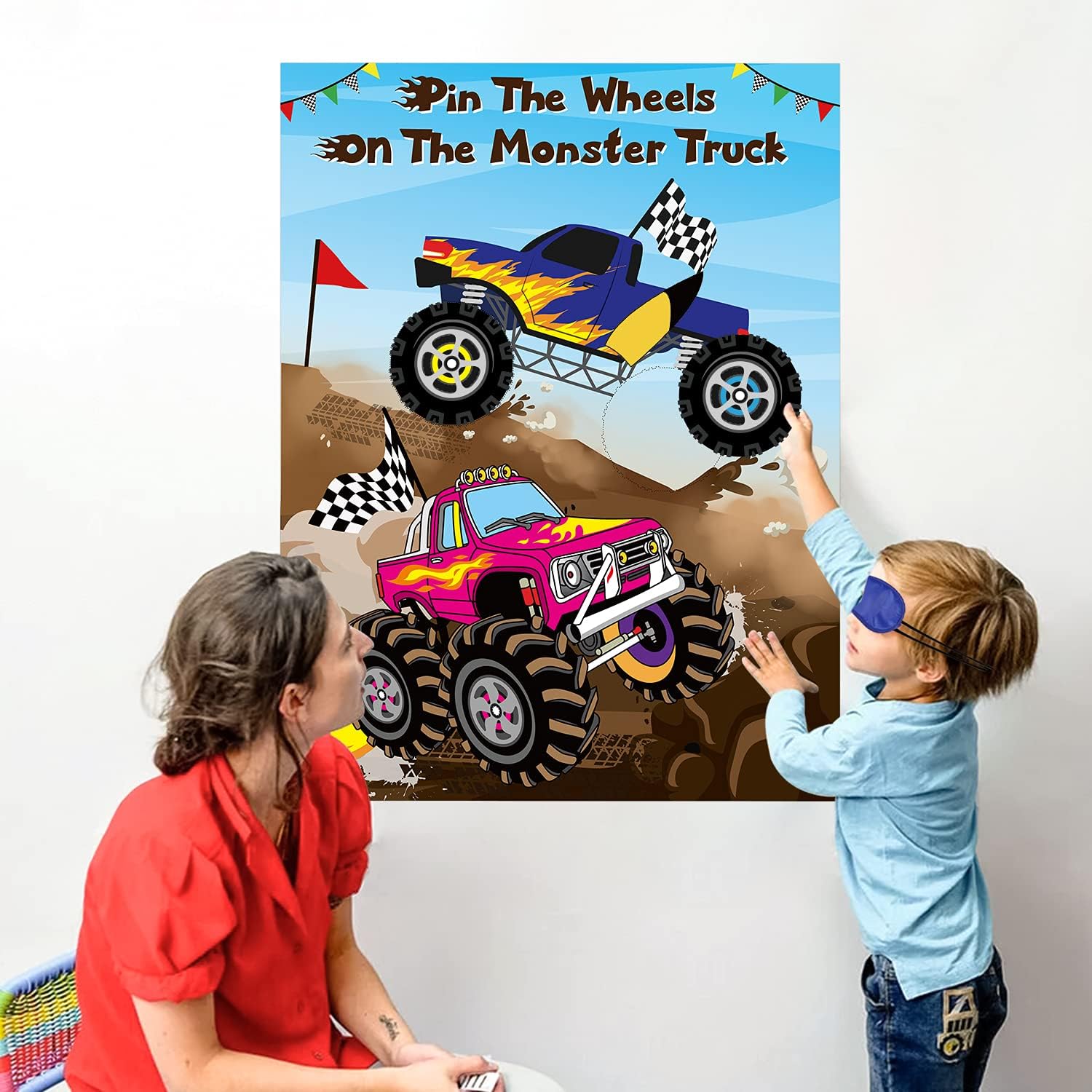 ANGOLIO Monster Truck Pin The Tail Games Party Supplies Pin The Wheels on The Monster Truck Poster Birthday Collection Favor Baby Shower Background Game Accessories for Kids (includes 2 Blindfolds)