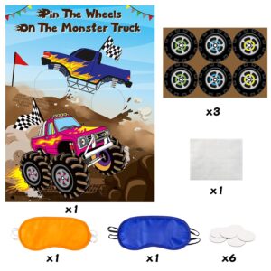 ANGOLIO Monster Truck Pin The Tail Games Party Supplies Pin The Wheels on The Monster Truck Poster Birthday Collection Favor Baby Shower Background Game Accessories for Kids (includes 2 Blindfolds)