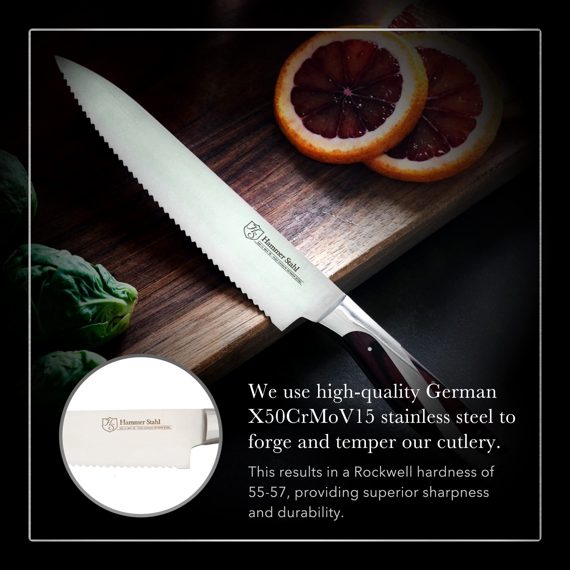 Hammer Stahl Serrated Utility Knife | German Forged High Carbon Steel Serrated Sandwich Knife | Petty Kitchen Knife with Ergonomic Quad-Tang Pakkawood Handle & Gift Box | 6-Inch Serrated Tomato Knife