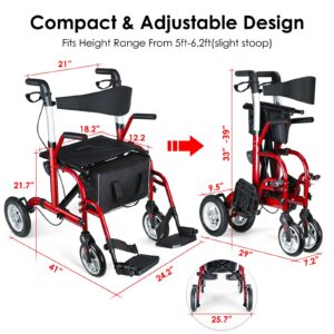 Healconnex 2 in 1 Rollator Walker for Seniors-Medical Walker with Seat,Folding Transport Wheelchair Rollator with 10" Big Pneumatic Rear Wheels,Reversible Soft Backrest and Detachable Footrests