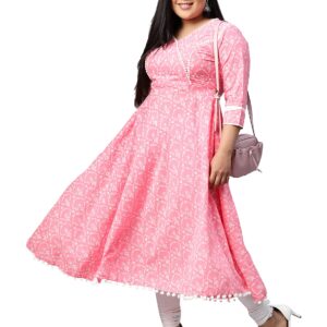 Yash Gallery Women's Plus Size Cotton Floral Print Anarkali Kurta (Light Pink)