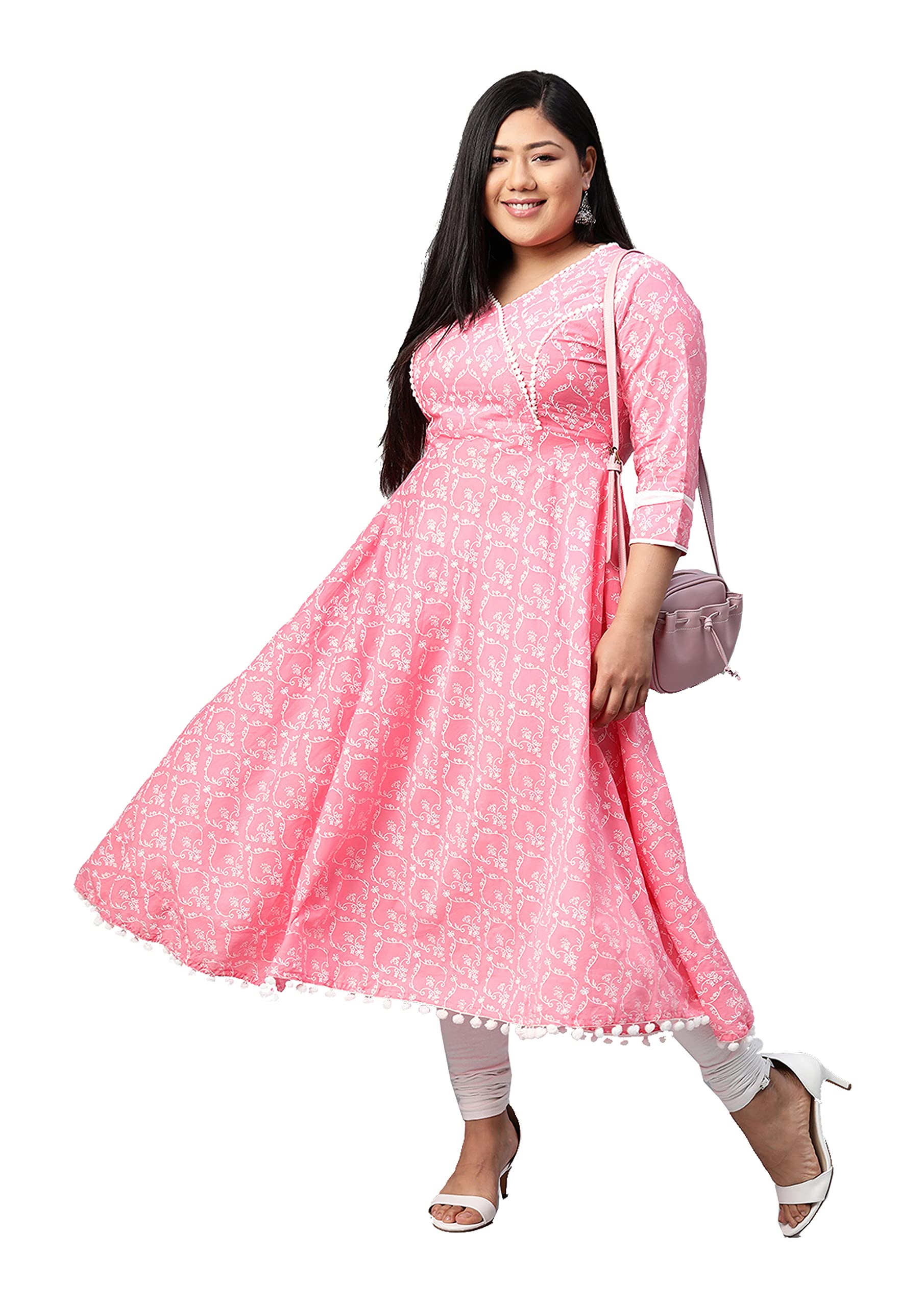 Yash Gallery Women's Plus Size Cotton Floral Print Anarkali Kurta (Light Pink)