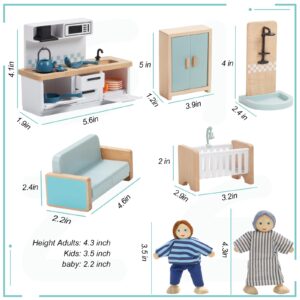 36pcs Wooden Dollhouse Furniture Set with 4 Family Dolls Wood and Plastic, 5 Rooms Blue Dollhouse Accessories Pretend Play Furniture Toys for Boys Girls & Toddlers 3Y+