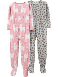 simple joys by carter's girls' 2-pack loose-fit fleece footed pajamas, grey leopard/pink llama, 6