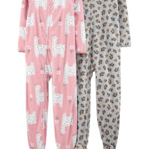 Simple Joys by Carter's Girls' 2-Pack Loose-fit Fleece Footed Pajamas, Grey Leopard/Pink Llama, 6