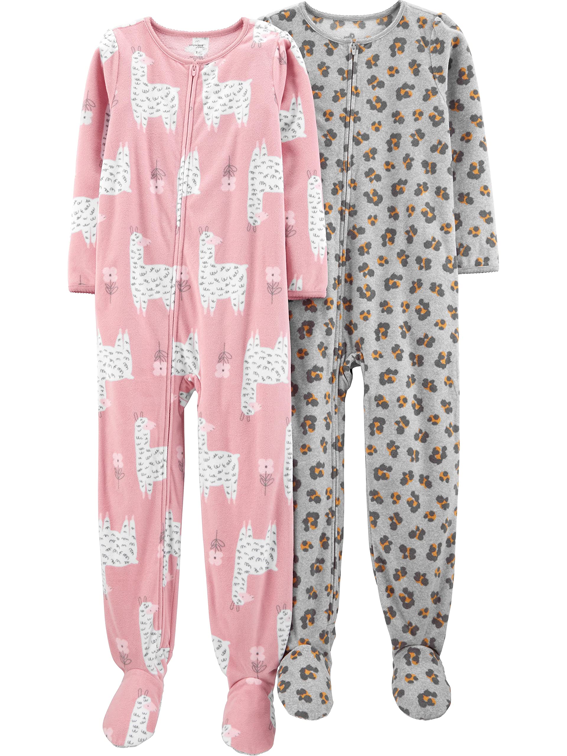 Simple Joys by Carter's Girls' 2-Pack Loose-fit Fleece Footed Pajamas, Grey Leopard/Pink Llama, 6