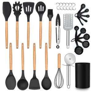 lianyu 30 pcs silicone kitchen cooking utensils set with holder, heat resistant kitchen essentials utensils set wooden handle, cooking tools set including tuner, spatula, spoon, ladle, black