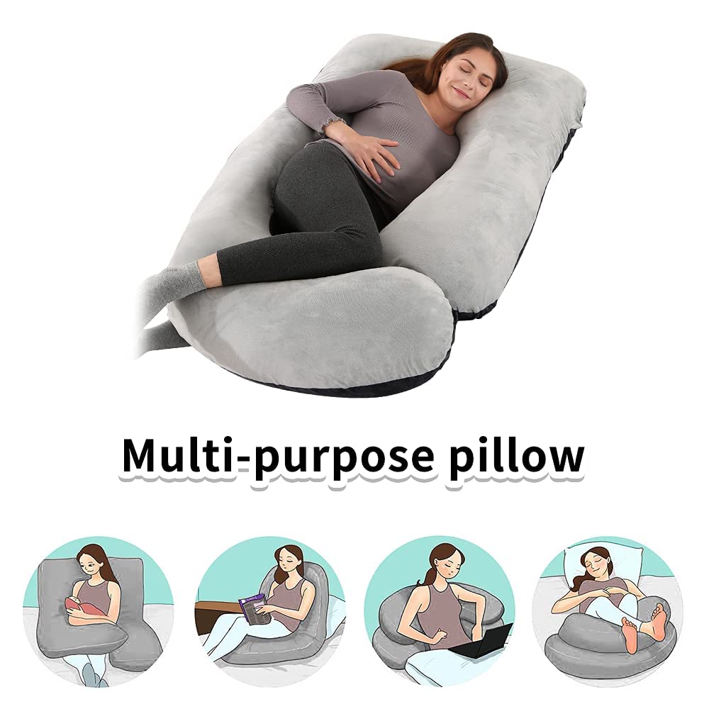 Wndy's Dream 60 inch Pregnancy Pillow with Removable Velvet Cover, Side J Type Full-Body Pillow for Back, Legs and Belly Support, Comfortable Slumber for Pregnant Women