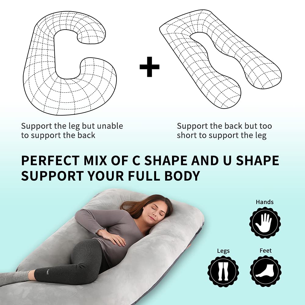 Wndy's Dream 60 inch Pregnancy Pillow with Removable Velvet Cover, Side J Type Full-Body Pillow for Back, Legs and Belly Support, Comfortable Slumber for Pregnant Women