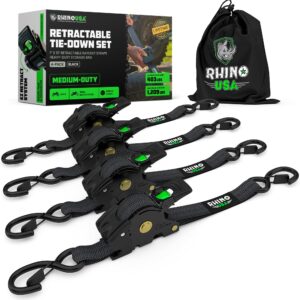 Rhino USA Retractable Ratchet Tie Down Straps (4PK) - 1,209lb Max Break Strength, includes (4) Ultimate 1" x 10' Autoretract Tie Downs with Padded Handles. Use for Boat, Securing Cargo