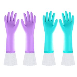 Elgood Reusable Long Dishwashing Cleaning Gloves with Latex Free, Long Cuff,Cotton Lining,Kitchen Gloves 2 Pairs,Purple+Blue Large