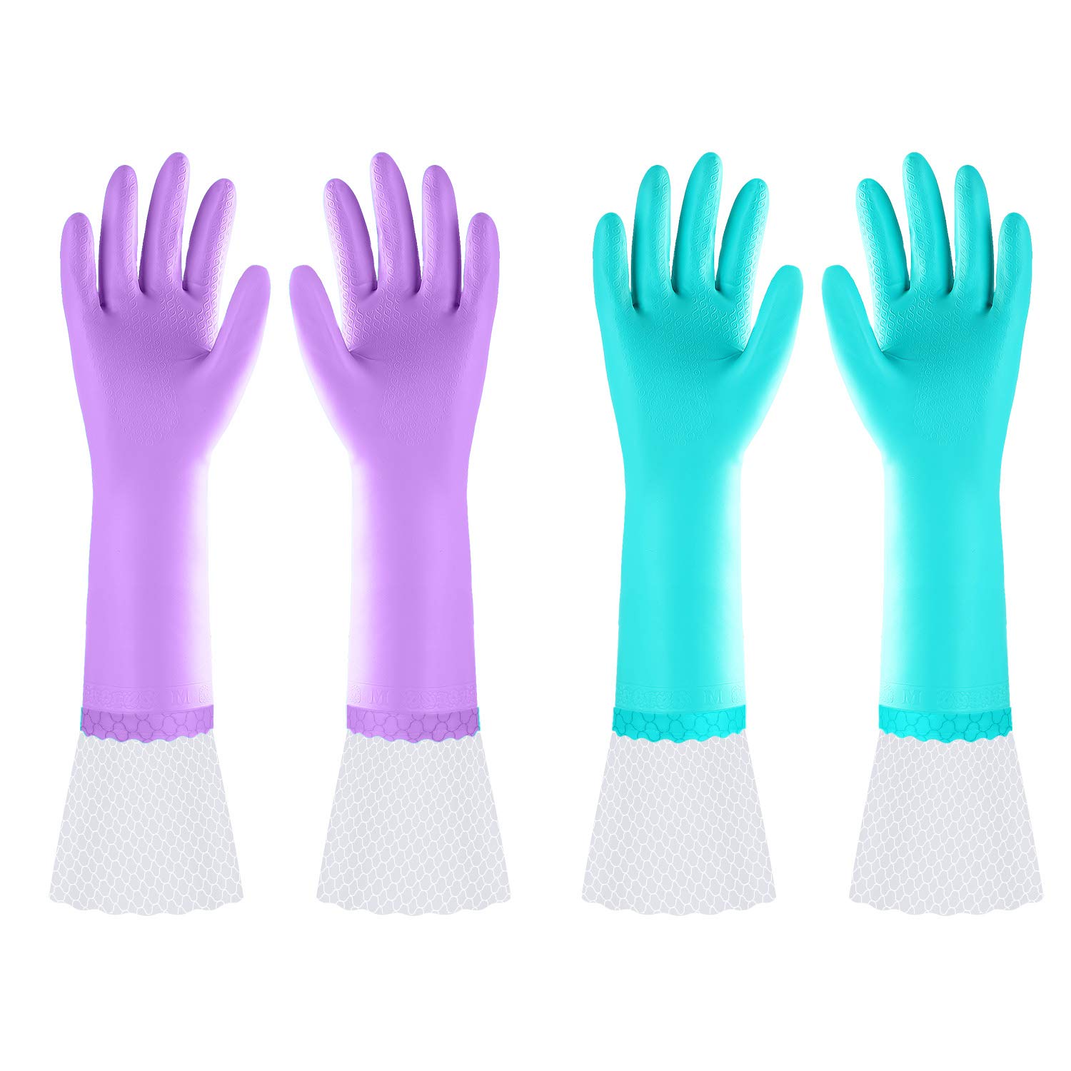 Elgood Reusable Long Dishwashing Cleaning Gloves with Latex Free, Long Cuff,Cotton Lining,Kitchen Gloves 2 Pairs,Purple+Blue Large