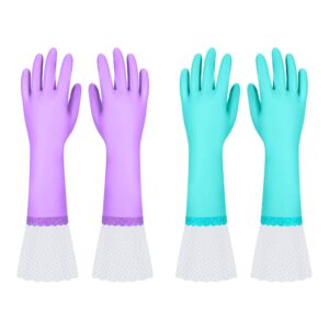 Elgood Reusable Long Dishwashing Cleaning Gloves with Latex Free, Long Cuff,Cotton Lining,Kitchen Gloves 2 Pairs,Purple+Blue Large