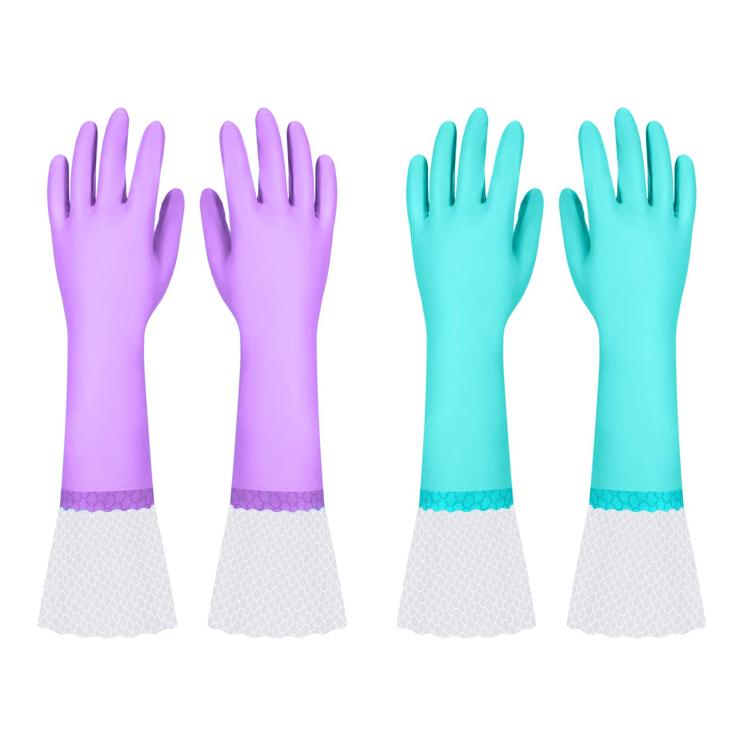 Elgood Reusable Long Dishwashing Cleaning Gloves with Latex Free, Long Cuff,Cotton Lining,Kitchen Gloves 2 Pairs,Purple+Blue Large