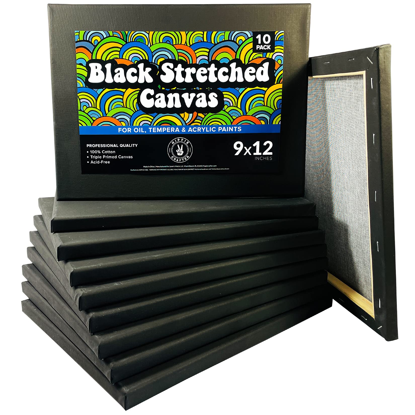 Stretched Black Canvas for Painting Bulk 10 Pack Small Canvases for Painting Blank Canvas for Painting 9x12 Stretched Canvas for Paint for Artists Gesso Primed for Oil, Acrylic, and Watercolor Art