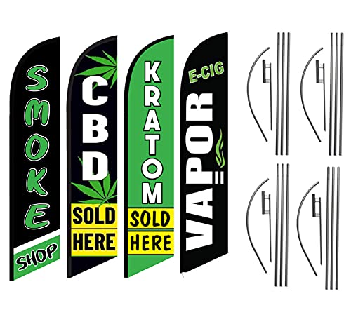 CBD Sold Here Smoke Shop E-Cig Vapor Kratom Advertising Feather Flag Kits Package, Includes 4 Banner Flags, 4 Flag Poles, 4 Ground Stakes