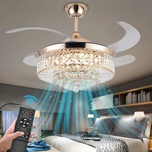 42''reversible chandelier crystal ceiling fan with lights, stepless dimming modern ceiling fan remote control retractable invisible blades, 6 speeds indoor fandelier kits for living room bedroom