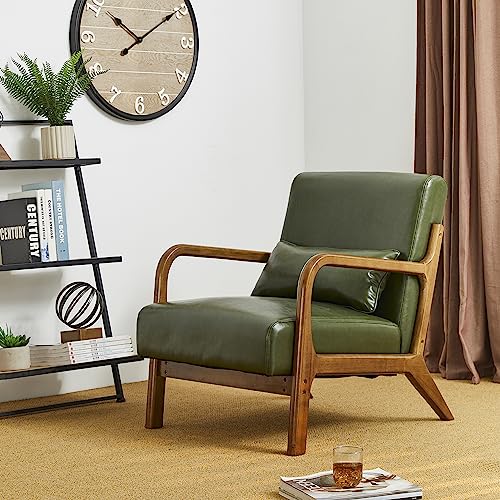 glitzhome Mid Century Hunter Green Accent Armchair, Single Reading Armchair PU Leather Lounge Chair with Walnut Ruberwood Frame