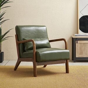 glitzhome Mid Century Hunter Green Accent Armchair, Single Reading Armchair PU Leather Lounge Chair with Walnut Ruberwood Frame