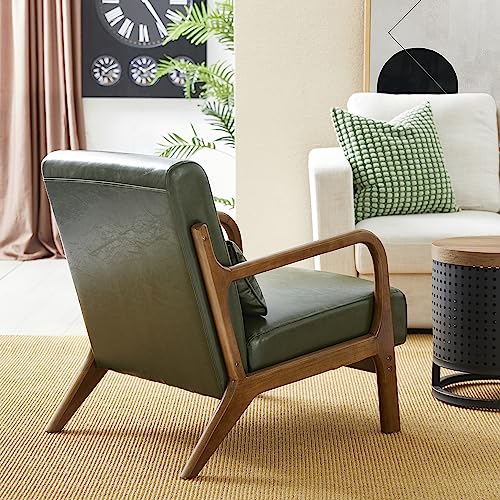 glitzhome Mid Century Hunter Green Accent Armchair, Single Reading Armchair PU Leather Lounge Chair with Walnut Ruberwood Frame