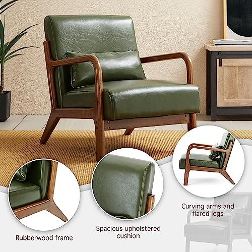 glitzhome Mid Century Hunter Green Accent Armchair, Single Reading Armchair PU Leather Lounge Chair with Walnut Ruberwood Frame