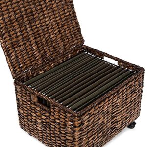 BIRDROCK HOME Rolling File Cabinet with Lid | Small Wooden Under Desk Organizer | Seagrass Basket with Wheels | Portable Home Office Filing System - Mini Decorative Box, Single Drawer, Brown Wash