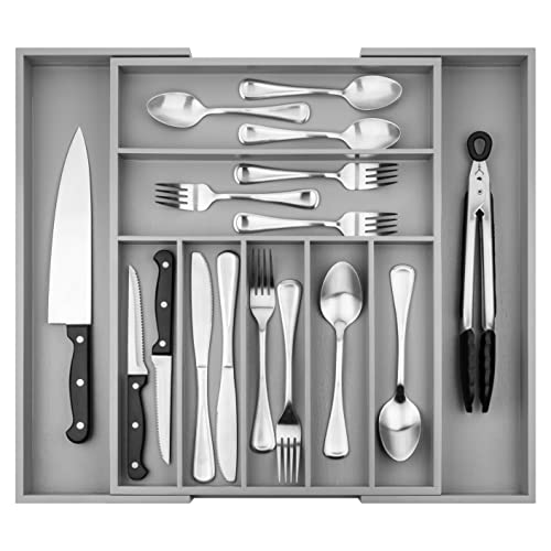 Purawood - Large Premium Bamboo Silverware Organizer - Expandable Kitchen Drawer & Utensil Organizer, 17.5" x 19.75" Cutlery Tray with Drawer Dividers for Kitchen Flatware (7-9 Slots) (Grey)