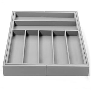 Purawood - Large Premium Bamboo Silverware Organizer - Expandable Kitchen Drawer & Utensil Organizer, 17.5" x 19.75" Cutlery Tray with Drawer Dividers for Kitchen Flatware (7-9 Slots) (Grey)