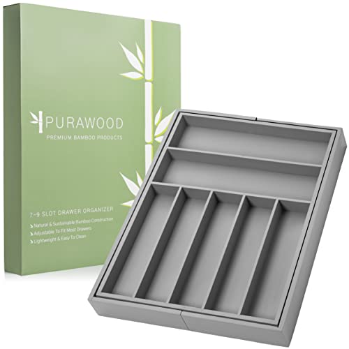 Purawood - Large Premium Bamboo Silverware Organizer - Expandable Kitchen Drawer & Utensil Organizer, 17.5" x 19.75" Cutlery Tray with Drawer Dividers for Kitchen Flatware (7-9 Slots) (Grey)