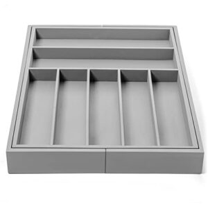 Purawood - Large Premium Bamboo Silverware Organizer - Expandable Kitchen Drawer & Utensil Organizer, 17.5" x 19.75" Cutlery Tray with Drawer Dividers for Kitchen Flatware (7-9 Slots) (Grey)