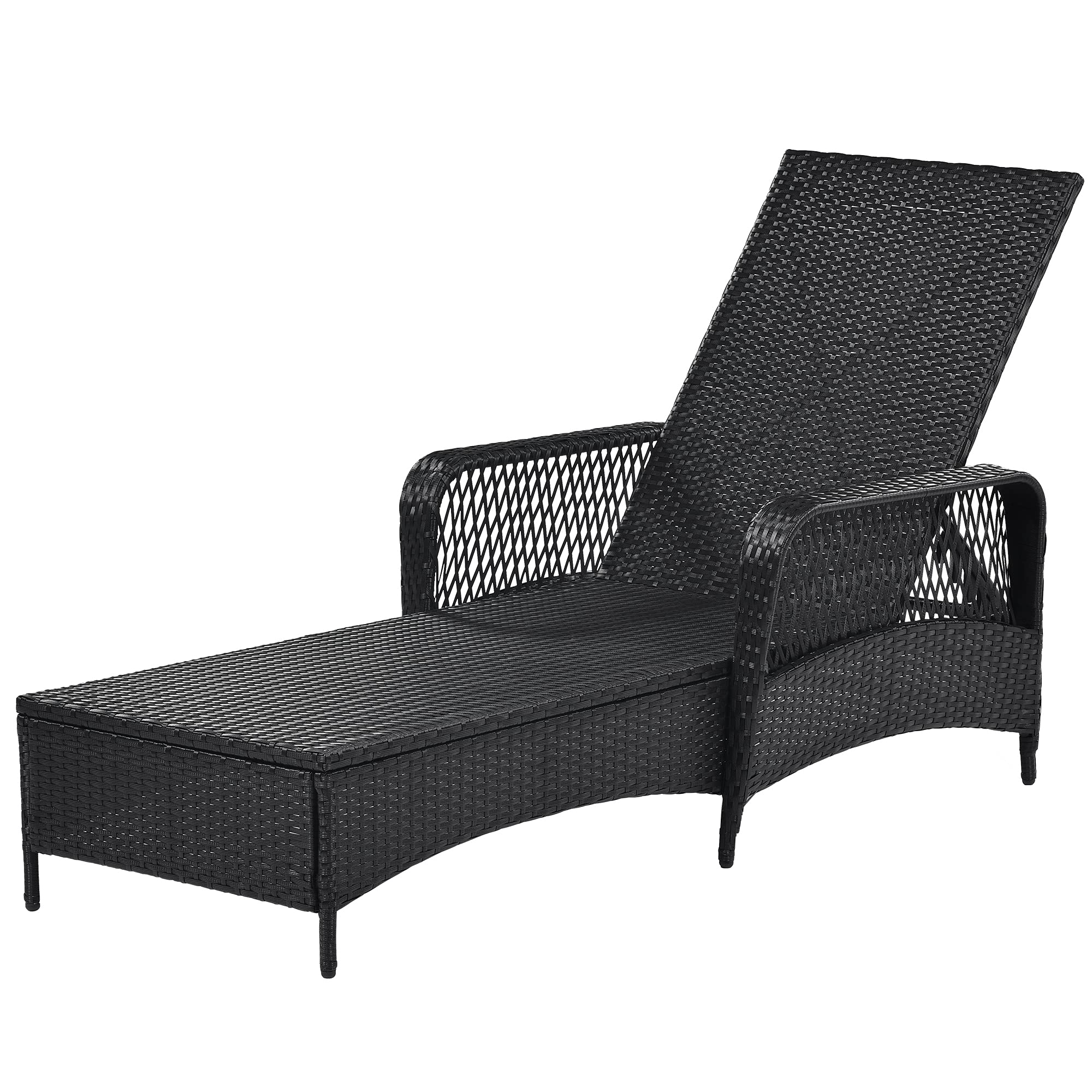 Outdoor Patio Pool PE Rattan Wicker Chair Wicker Sun Lounger, Adjustable backrest, Beige Cushion, Black wiker (1)