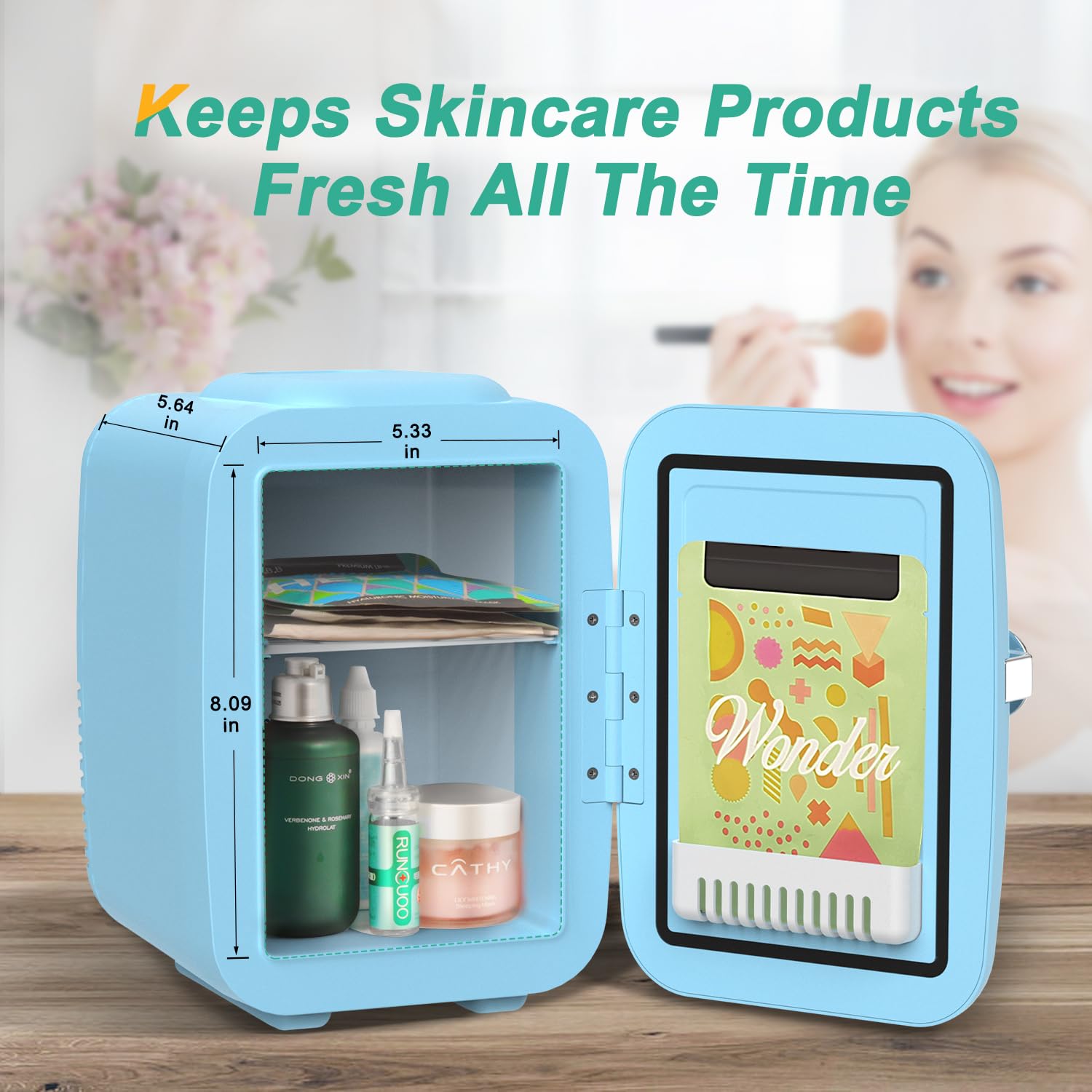 CROWNFUL Mini Fridge, 4 Liter/6 Can Portable Cooler and Warmer Personal Fridge for Skin Care, Cosmetics, Food,Great for Bedroom, Office, Car, Dorm, ETL Listed (Blue)