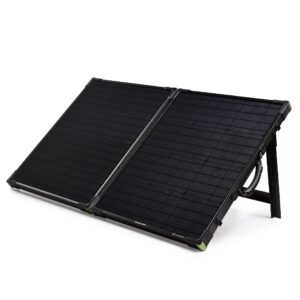 goal zero boulder 100 solar-panel briefcase charging kit, 12-volt battery charger, portable solar-panel kit with 10-amp charge controller, flexible solar-panel pair, and customizable connections